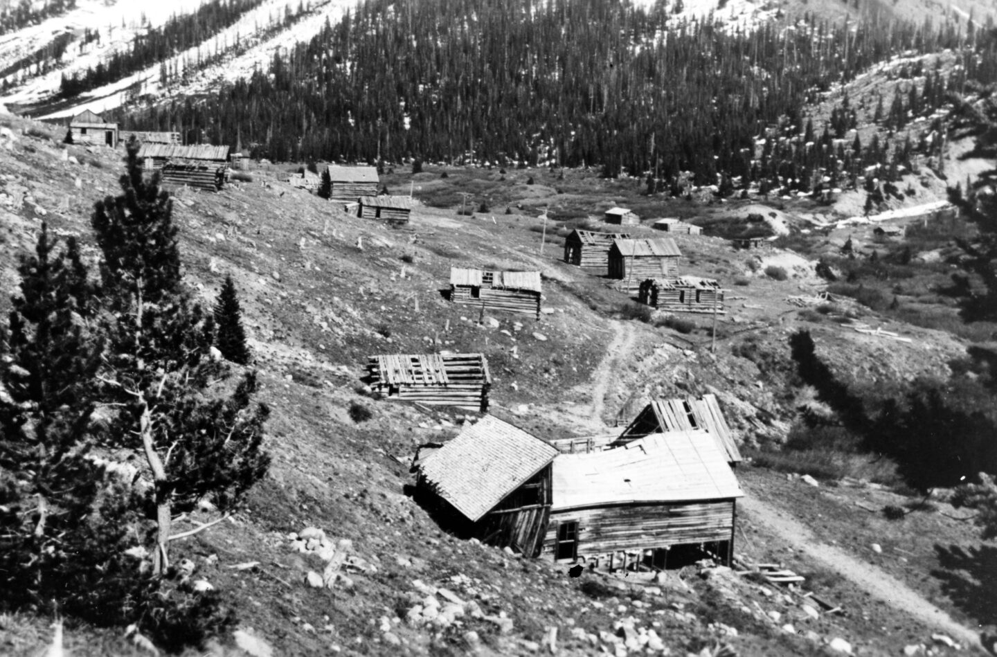 One b/w photograph of the ghost town of Independence in the summer. It is taken from about the same vantage point as 86.32.2, which was photographed forty years later.