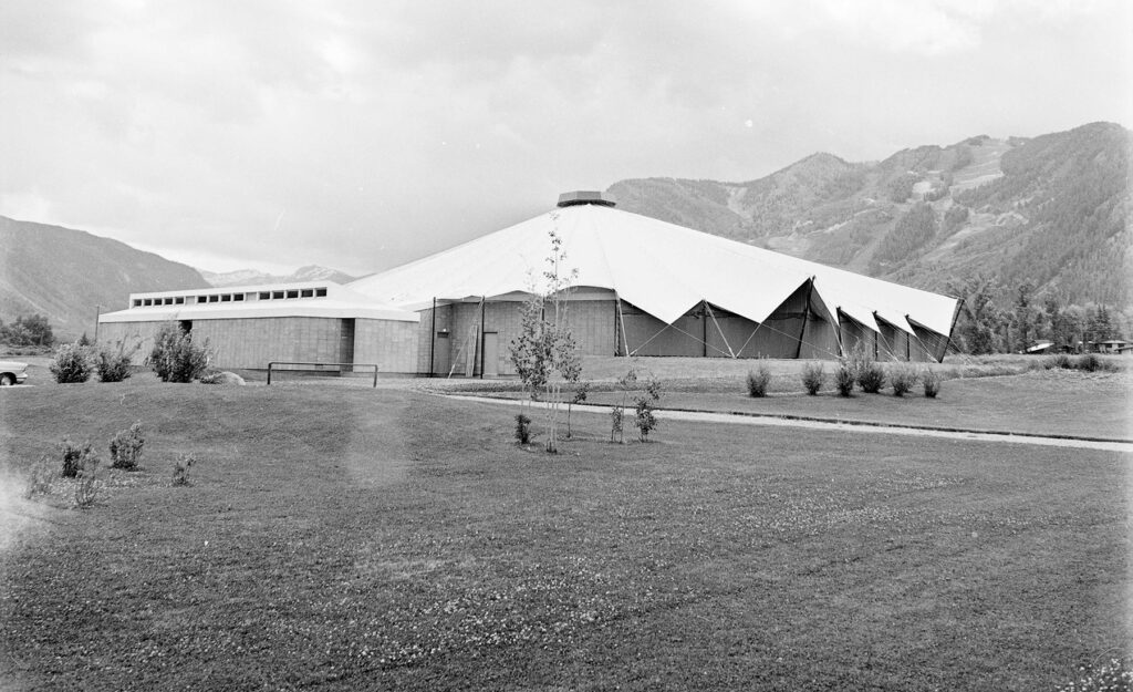 One b/w film negative of the Music Tent (ampitheatre) designed by Herbert Bayer, 1965. The Bayer tent was used 1965-1999.