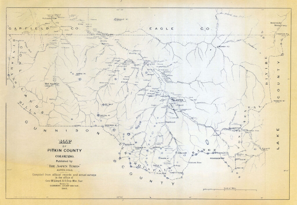 One 18" x 24" map of Pitkin County dated 1884. The map shows Aspen and other towns in Pitkin County. The ink is blue on white paper, that is yellowing around the edges. The transparency is clear with black markings. The borders of Garfield, Gunnison, Eagle and Lake Counties can be seen as well. Drawn by the US Department of Mining Surveying.