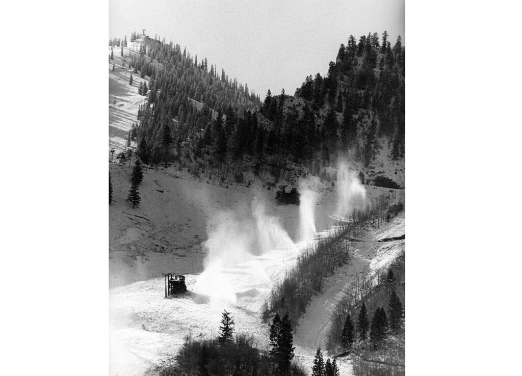 One b/w image of snow making on Little Nell, November 1982. The image was in the Aspen Times on January 6, 1983, pg. 26B.