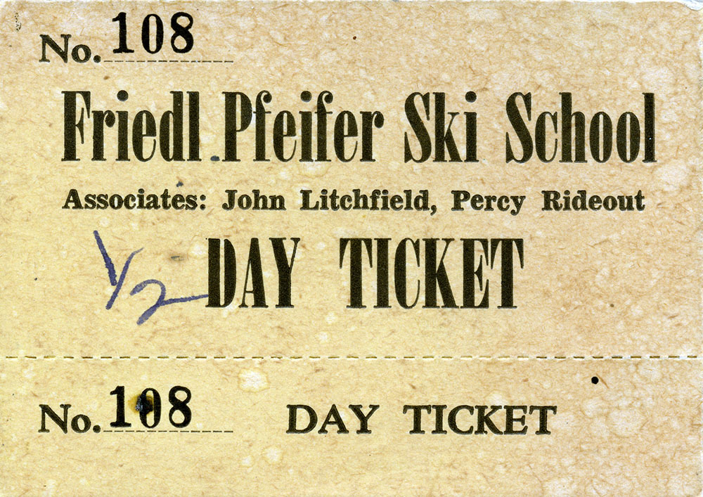 One 1/2-Day Ticket for the Friedl Pfeifer Ski School, 1945-. Associates: John Litchfield, Perry Rideout. No. 108. Lower half of ticket is separated by a serated line (still attached) with "No. 108" and "Day Ticket" written on it.