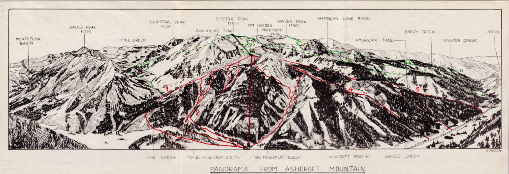 Map that shows the proposed runs and lifts on Mt. Hayden. Part of the discussion by Andre Roch on the development of Ashcroft as a ski area and the proposed ski lifts to access the area. Includes map of proposed runs and lift locations, and has an additional three fold map, that is no longer attached, of a panoramic view of the areas peak labeled and the proposed runs and lifts. Survey was conducted in the winter of 1937, report given later that year.