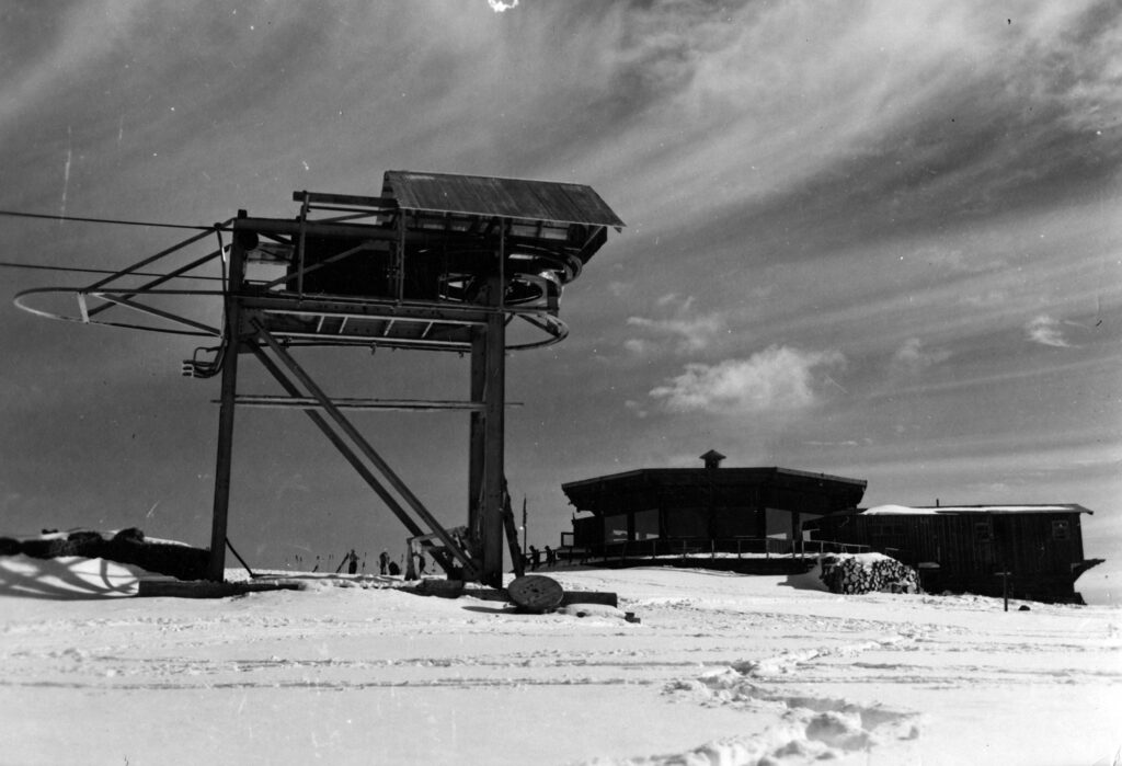 One b/w glossy photograph of the terminal building for Lift Three and the Sundeck, circa 1954.