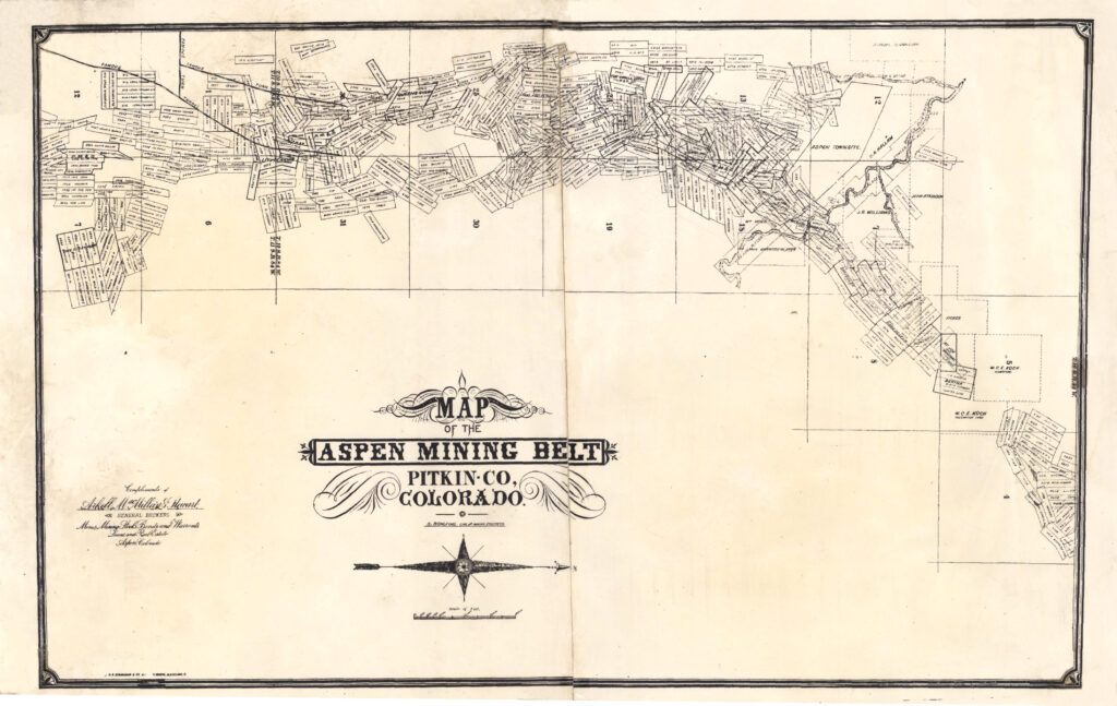 One 12" x 19" white paper map of the "Aspen Mining Belt" of Pitkin County done as advertising for the Arkell, MacMillian and Stewart Company. It was drawn by D. Rohlfing, circa 1892.