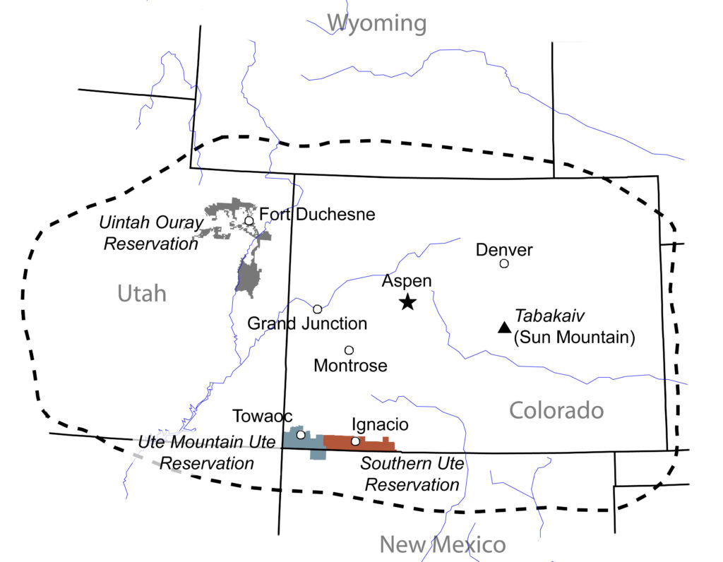 Map showing the Ute territory outlined in a dashed line that included Utah, Colorado and parts of New Mexico and Wyoming with shaded in areas showing today's current reservation lands. Drawn by Scott McGillihan.