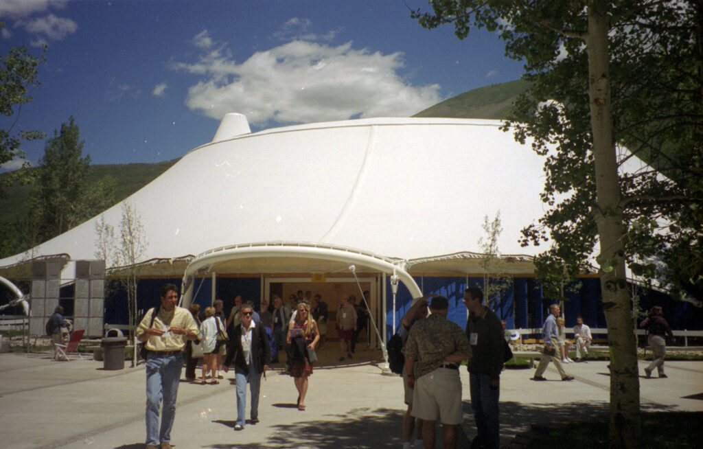 One color film negative of people coming out of the Music Tent (Benedict) at the Design Conference in June, 2000. The Benedict tent replaced the Bayer tent in 1999.