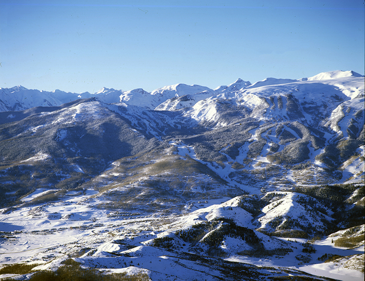 One color slide of an aerial view of Snowmass Ski Area, Snowmass Village, circa 1990. before Two creeks was put in in 1995.